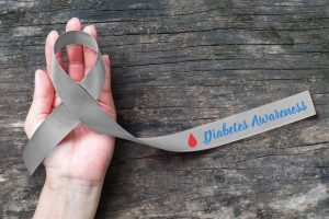 A hand holding a grey ribbon for Diabetes Awareness Month.