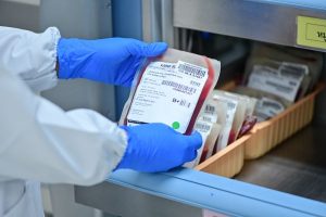 Close up of a blood bag in a laboratory