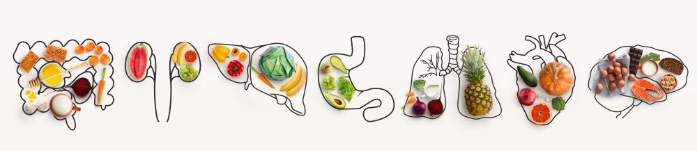 A panoramic graphic of body parts filled with healthy foods. 