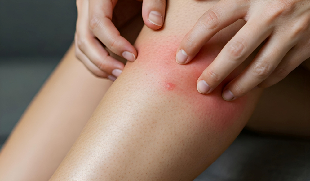 A close up of hands beside a mosquito bite on a woman's legs. 