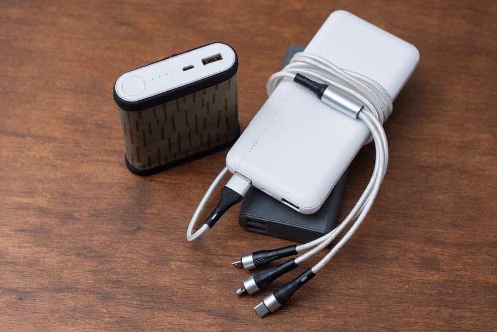 A close-up of several charging devices.